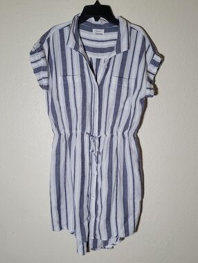 Japna | Striped Mini Shirt Dress High Low Button Coastal Beach Nautical Summer L